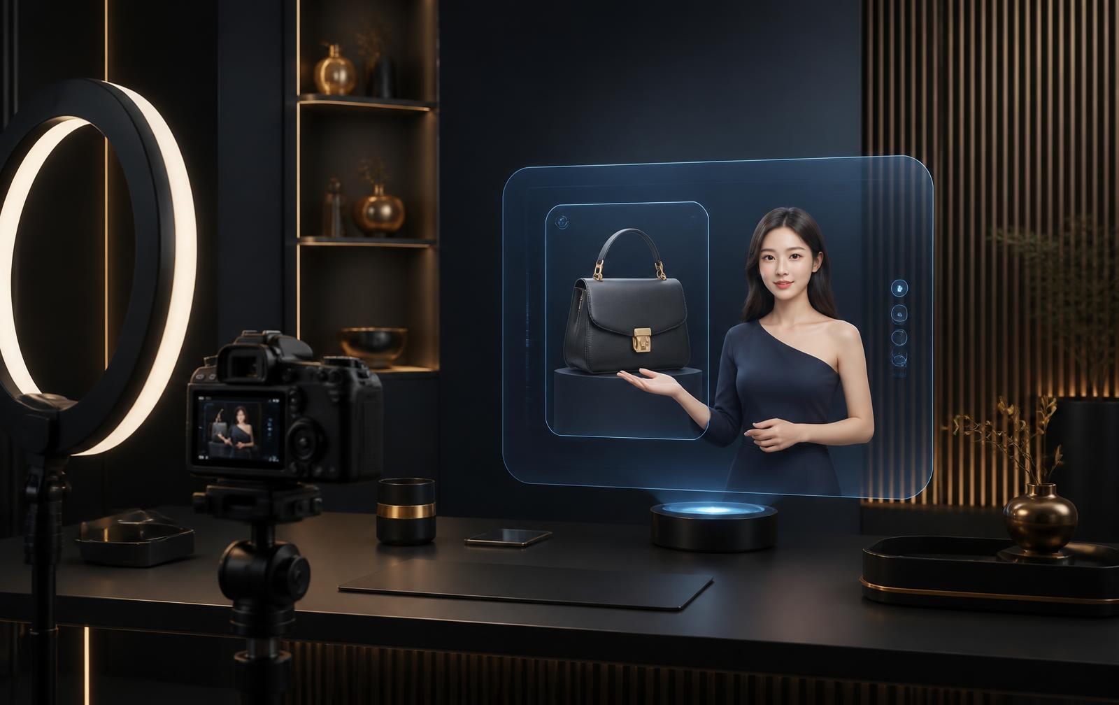 AI-powered livestreaming studio with holographic product display and virtual host interface