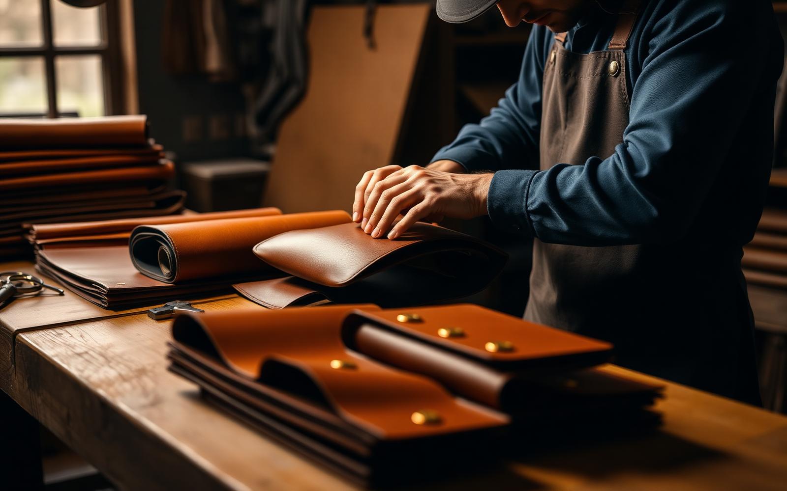 Artisan hands crafting a premium leather handbag on a workshop bench