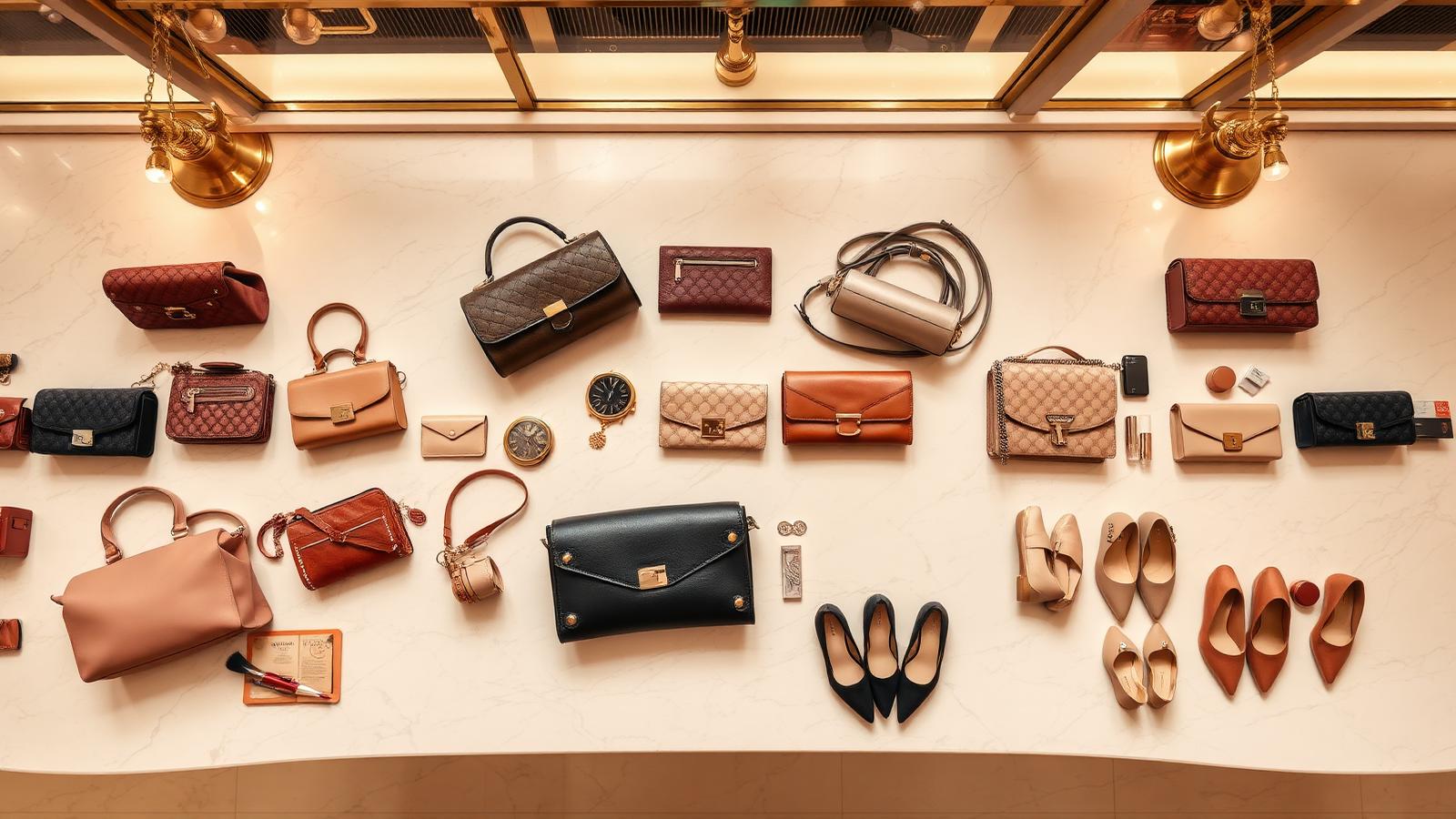 Overhead view of luxury handbags, wallets and women's shoes on a department store counter