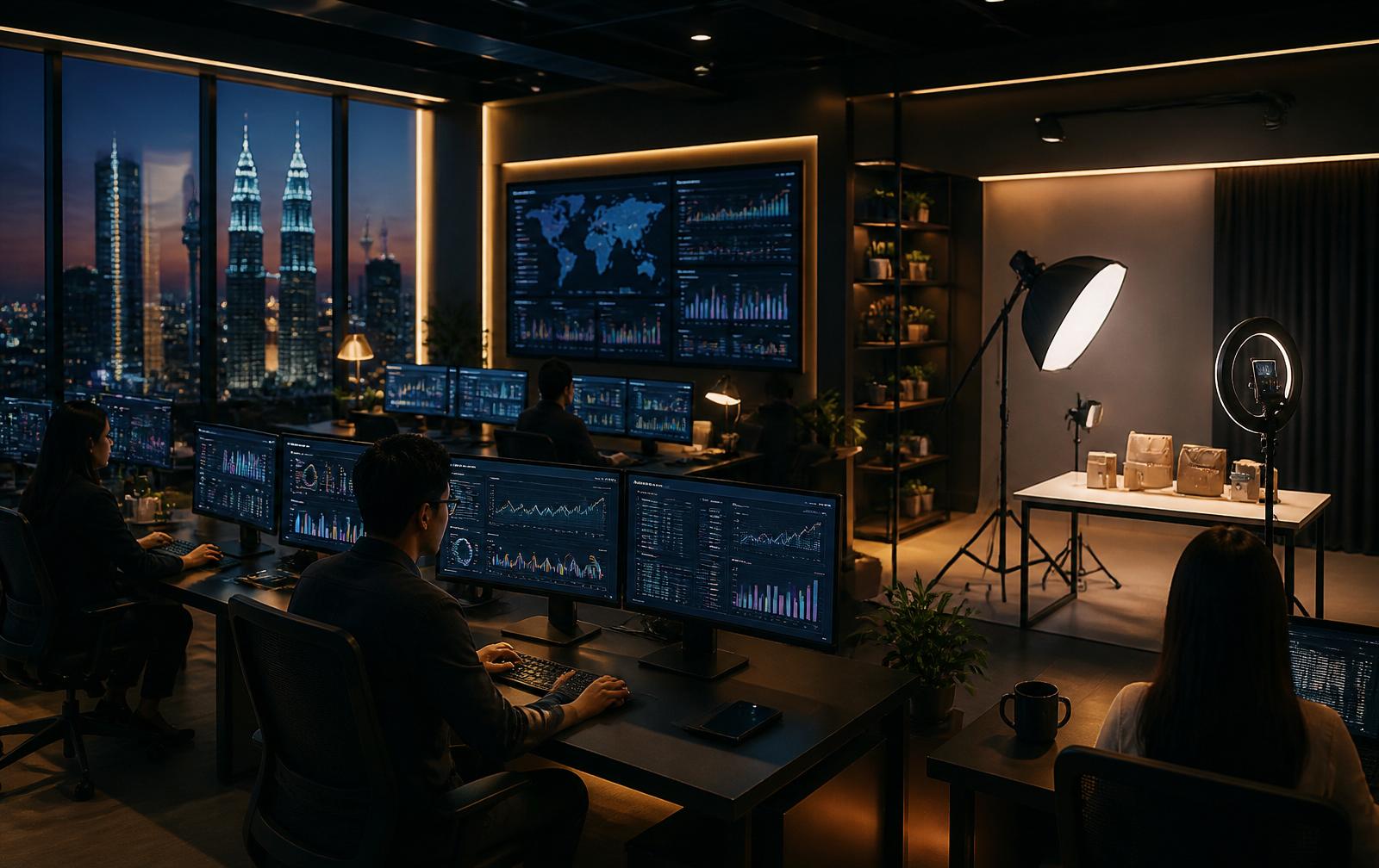 Dazz Commerce e-commerce operations team monitoring marketplace dashboards beside an in-house livestream studio