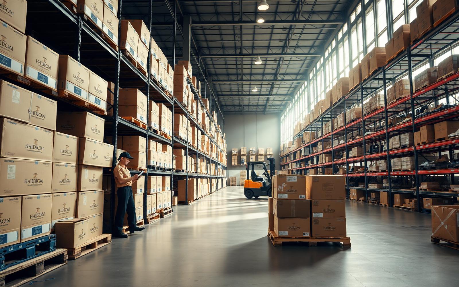 Modern fashion fulfillment warehouse with organized shipping cartons and racking