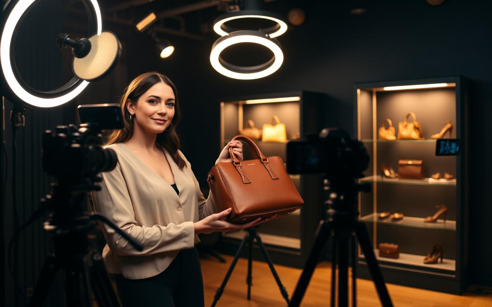 Livestream commerce studio presenting a leather handbag under warm studio lighting